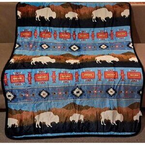 New Turquoise Rustic Bison Buffalo Sherpa Plush Throw Gift Blanket Blue Aztec